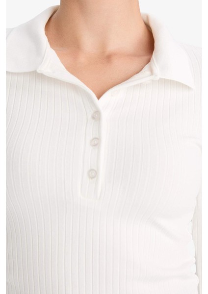 Slim Fit Dar Kesim Polo Yaka Basic Düz Fitilli Kaşkorse Uzun Kollu Tişört G1579AX25AU fırsatları