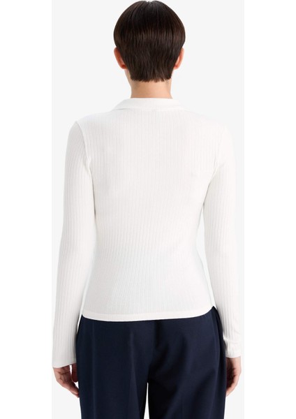 Slim Fit Dar Kesim Polo Yaka Basic Düz Fitilli Kaşkorse Uzun Kollu Tişört G1579AX25AU indirimleri