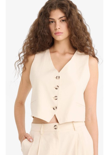 V Yaka Keten Karışımlı Blazer Yelek E1993AX25SM