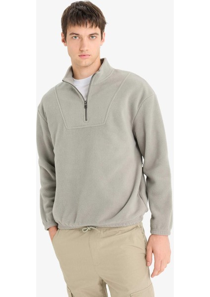 Boxy Fit Dik Yaka Yarım Fermuarlı Polar Sweatshirt E8632AX25WN fırsatları