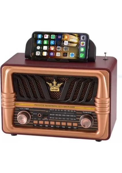 Büyük Boy Telefon Tutma Saplı Retro Ahşap Tasarım Bluetooth Hoparlörlü Radyo – Fm/am Destekli, Şarjlı ve Taşınabilir Radyo NS-8077 (5263)