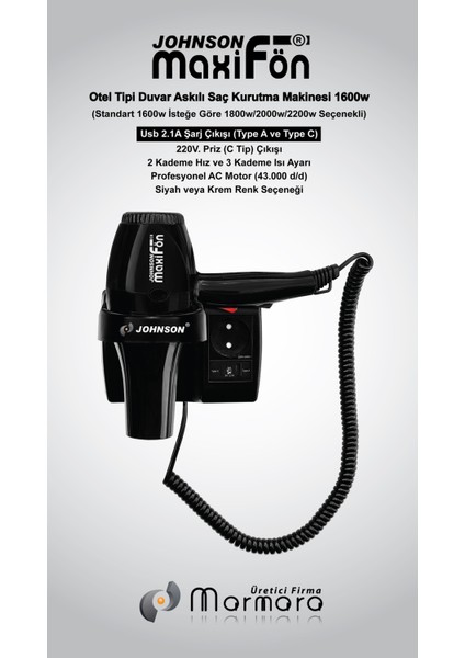 Küçük ve Güçlü 1600W Otel Tipi Saç Kurutma Makinesi, USB Şarj Çıkışlı, Siyah Renk modelleri