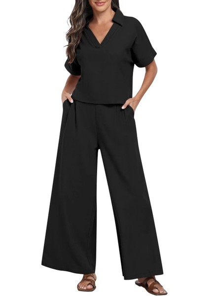 Zarif Kadin T-shirt ve Uzun Pantolon Alt Üst İkili Takım V Yaka Kısa Kollu Salaş Rahat Elbise indirimleri