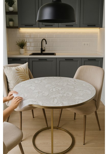 Yuvarlak Orta Sehpa Yaprak Desenli Çeyizlik Pvc Şeffaf Masa Örtüsü Hasır Lüx Silinebilir Sofra Bezi