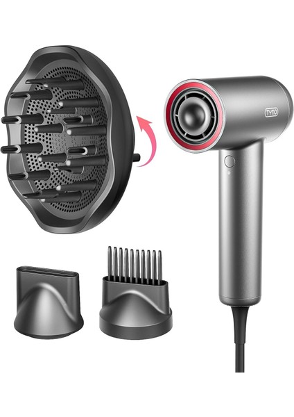 Iyonik Saç Kurutma Makinesi, Hızlı ve Isı Hasarsız, Difüzörlü, Gri