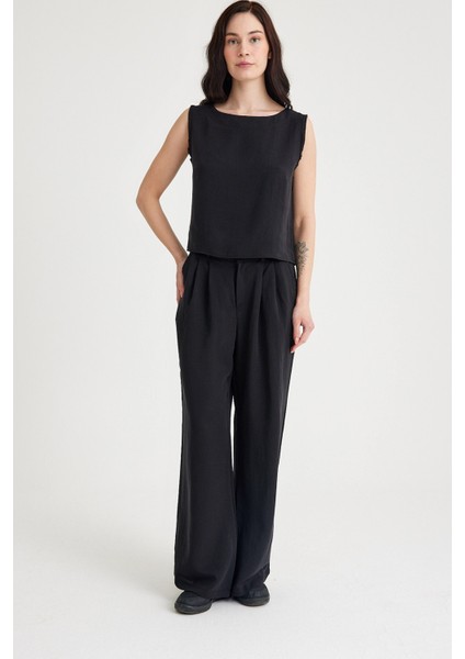 Keten Günlük Rahat Kolsuz Alt Üst Kadın Takım