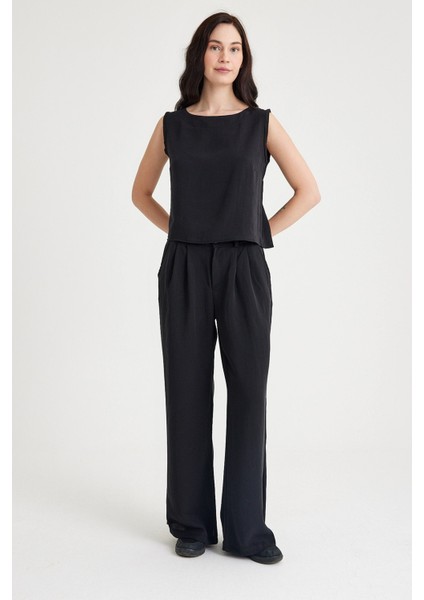 Keten Günlük Rahat Kolsuz Alt Üst Kadın Takım