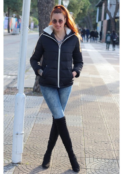 Günlük Şık Kapüşonlu Kışlık Kadın Şişme Mont