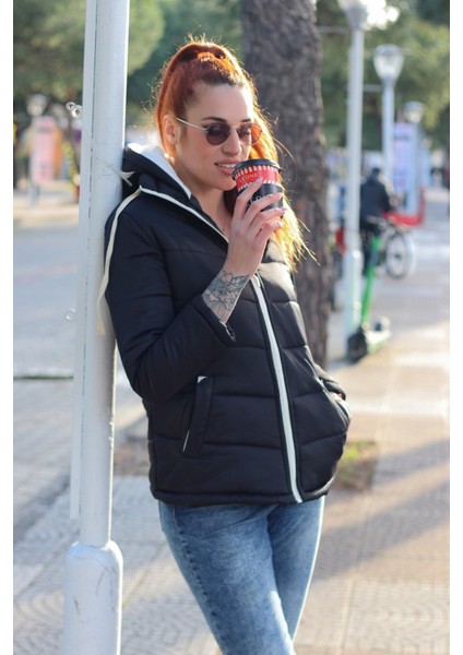 Günlük Şık Kapüşonlu Kışlık Kadın Şişme Mont