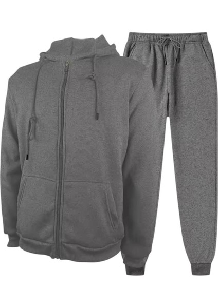 Baskısız Oversize Fermuarlı Paça Lastikli Kapşonlu Takım