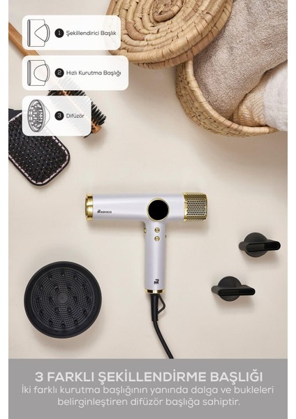 Hızlı ve Şık Saç Kurutma Makinesi, Su Iyon Teknolojisi, Beyaz ve Altın Detaylı