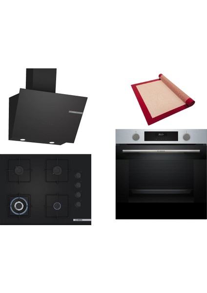 Siyah 3 Lü Ankastre Set 422 ( HUA717BR0T - POH7C6P30O - DWK66PJ60T ) 67CM Wok Bek Ocak - Buhar Destekli Inox Fırın - Pişirme Matı ile