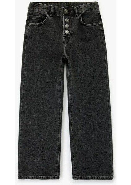 Pamuklu Düğme Detaylı Beli Ayarlanabilir Lastikli Siyah Kız Çocuk Jean Pantolon 6WKG40022AD
