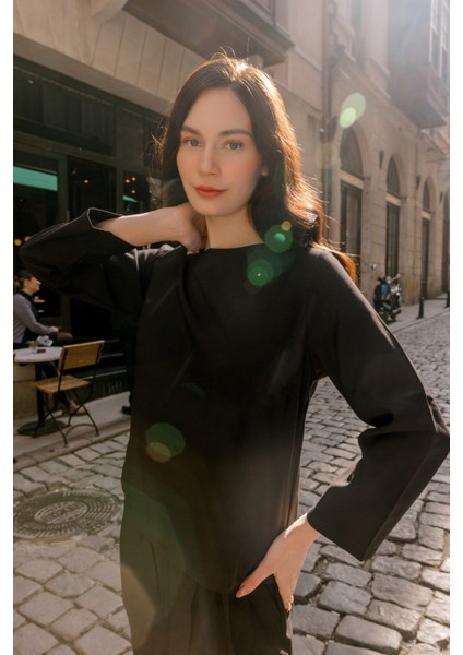 Barbora Keten Günlük Rahat Beli Kemerli Kadın Ikili Takım Alt Üst LN01SIYAHD1