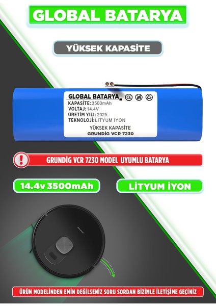 Grundig Vcr 7230 Uyumlu Robot Süpürge Bataryası 14.4V 3500MAH Pil (Yüksek Kapasite)