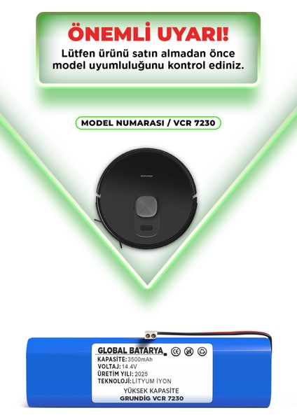 Grundig Vcr 7230 Uyumlu Robot Süpürge Bataryası 14.4V 3500MAH Pil (Yüksek Kapasite) indirimleri