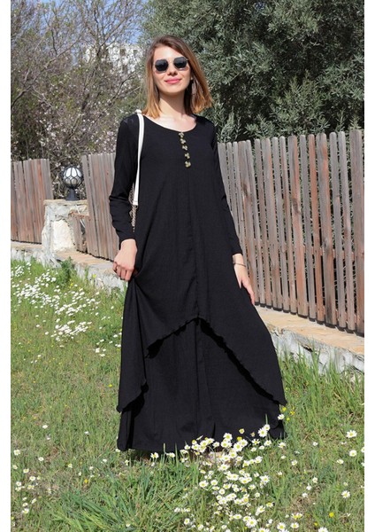 Keten Günlük Yazlık Salaş Kadın İki Katlı Elbise