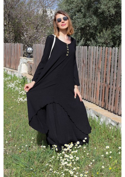 Keten Günlük Yazlık Salaş Kadın İki Katlı Elbise