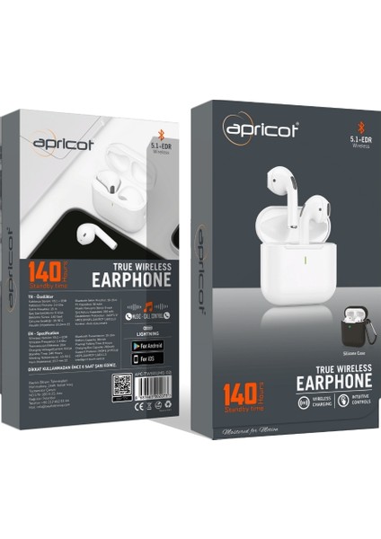 APC-TWS01 Beyaz V5.1 260MAH Silikon Kılıflı Lightning Girişli Bluetooth Mikrofonlu Kulaklık