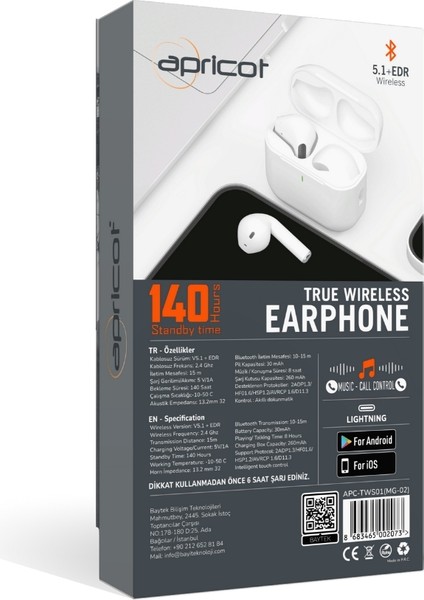 APC-TWS01 Beyaz V5.1 260MAH Silikon Kılıflı Lightning Girişli Bluetooth Mikrofonlu Kulaklık modelleri