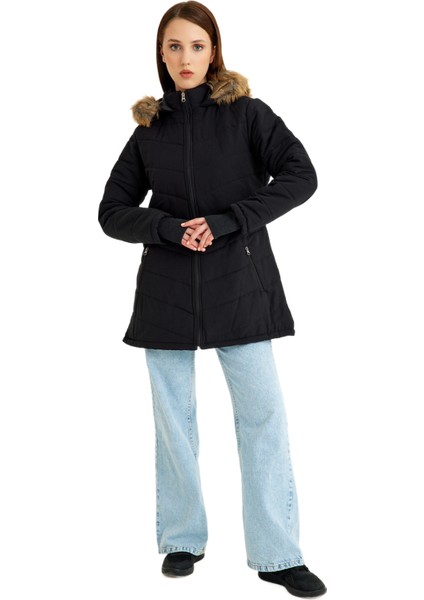 Kışlık Eldivenli Kapüşonlu Kürklü Kadın Şişme Mont