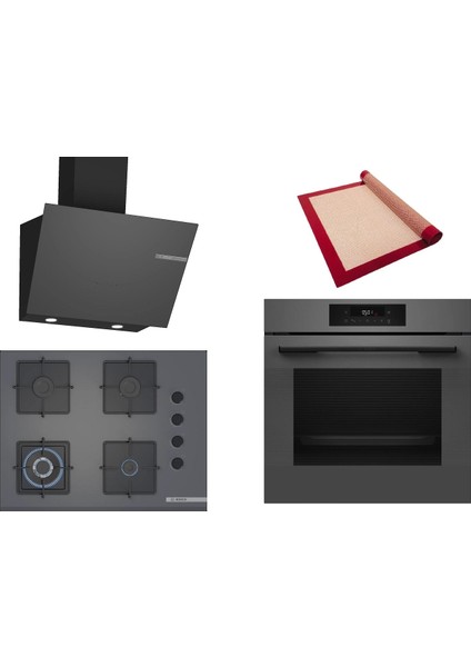 Gri 3 Lü Ankastre Set 429 ( HJG852YN0T - POH7C9P30O - DWK66PJ70T ) 67CM Wok Bek Ocak - 3D Fry Hava ile Kızartma - Pişirme Matı ile