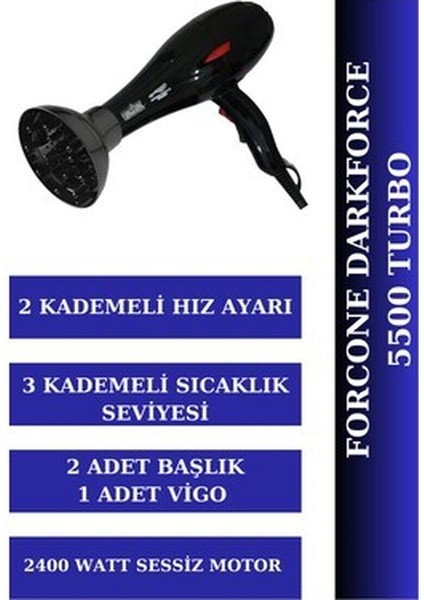 Profesyonel 2400W Turbo Fön Makinesi + Vigo Başlık Siyah, Güçlü ve Şık Tasarım