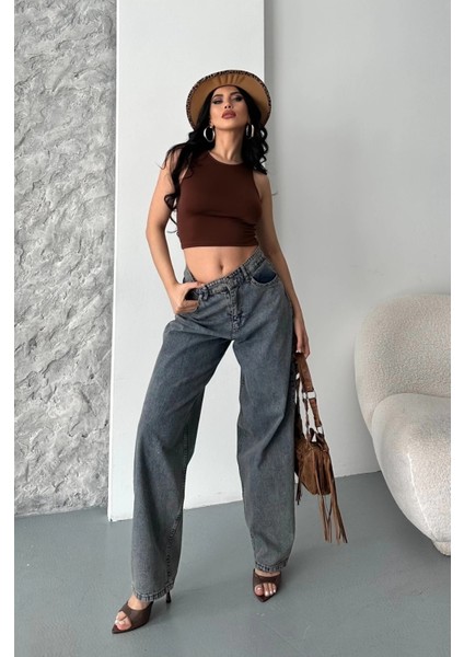 Baggy Kar Yıkama Eskitme Kahve Jeans Pantolon D2007