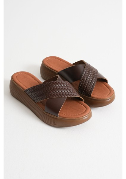 Fayn Acı Kahve Örgü Desenli Hakiki Deri Terlik