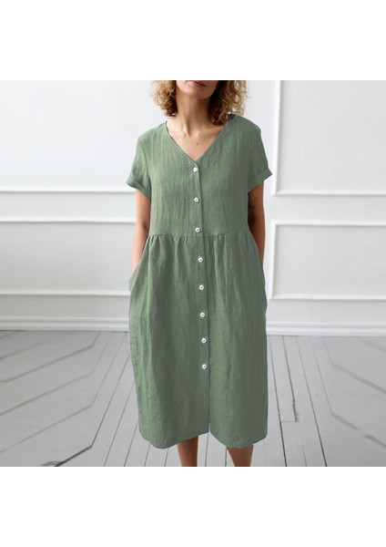 Keten Günlük Yazlık V yaka Kısa Kol Düğme Detaylı Kadın Elbise modelleri