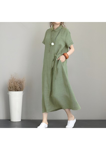 Keten Günlük Kısa Kol Tam Boy Yazlık Salaş Kadın Elbise modelleri