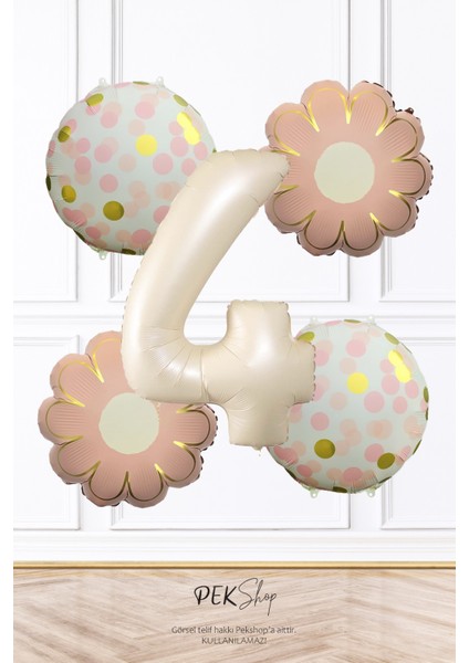 Pembe Çiçekler ve Konfeti Tema Krem Yaş Balonlu Doğum Günü Balon Seti