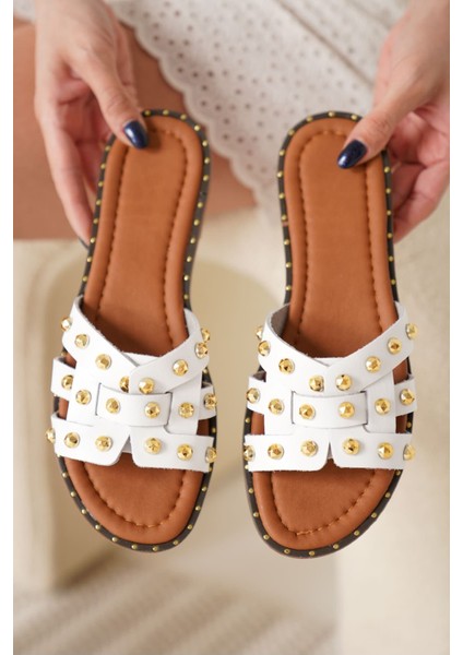 Loose Beyaz Hakiki Deri Terlik fırsatları