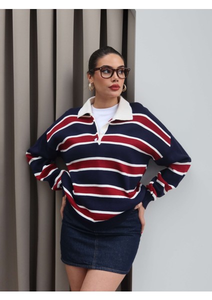 Polo Yaka Şeritli Triko Kazak