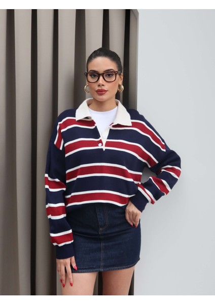 Polo Yaka Şeritli Triko Kazak indirimleri