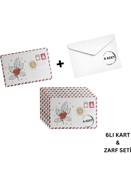 Yılbaşı Kokina Temalı Kartpostal ve Zarf Seti, Yeniyıl, Noel,tebrik ve Hediye Kartı, 6 Adet, 10X15CM