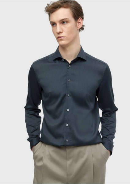Antrasit Düz Casual Fit Dokuma Casual Ipek Karışımlı Gömlek