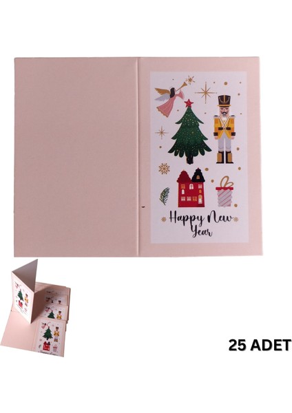 Yılbaşı Happy New Year Yazılı Hediye Kartı - Yeniyıl Tebrik & Not Kartı, 25 Adet, Krem, 5x8 cm