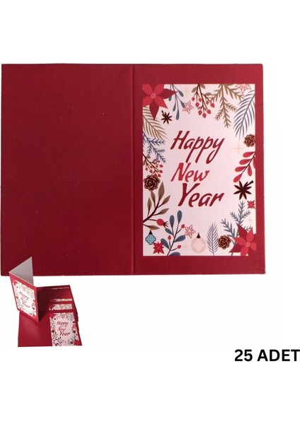Yılbaşı Happy New Year Yazılı Hediye Kartı - Yeniyıl Tebrik & Not Kartı, 25 Adet, Kırmızı, 5 x 8 cm