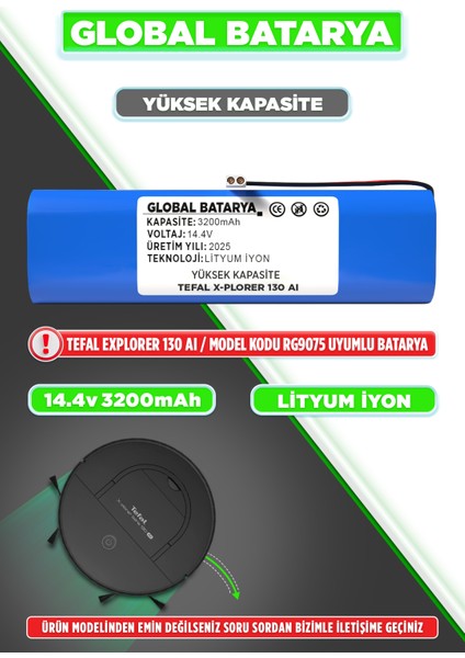 Tefal X-Plorer 130 Aı Uyumlu Robot Süpürge Bataryası 14.4V 3200mAh Li-İon Pil (Yüksek Kapasite)