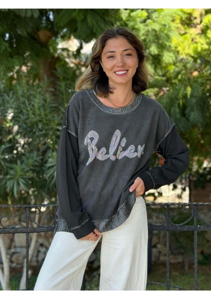 NC58939 Italyan Believe Taşlı Sweatshirt Siyah