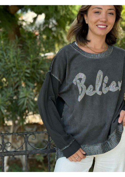 NC58939 Italyan Believe Taşlı Sweatshirt Siyah fırsatları