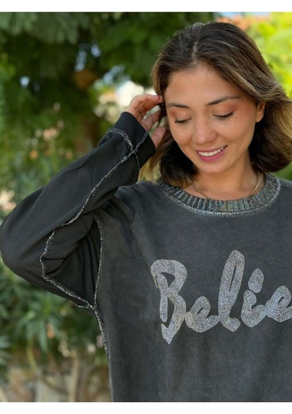 NC58939 Italyan Believe Taşlı Sweatshirt Siyah