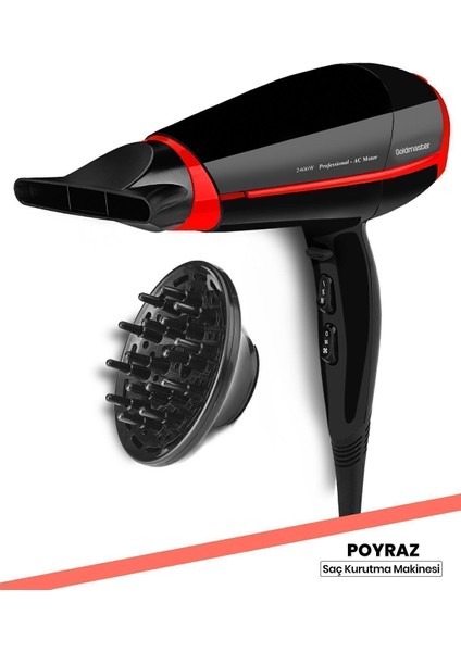 2400W Ac Motorlu Hız ve Isı Ayarlı Saç Kurutma, Difüzörlü, 11 mm Ultra Fön