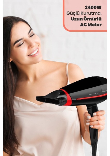 2400W Ac Motorlu Hız ve Isı Ayarlı Saç Kurutma, Difüzörlü, 11 mm Ultra Fön