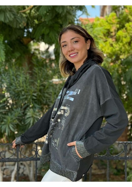 NC53050D Italyan Yazı Baskılı Cepli Kapüşonlu Coton Sweatshirt Siyah