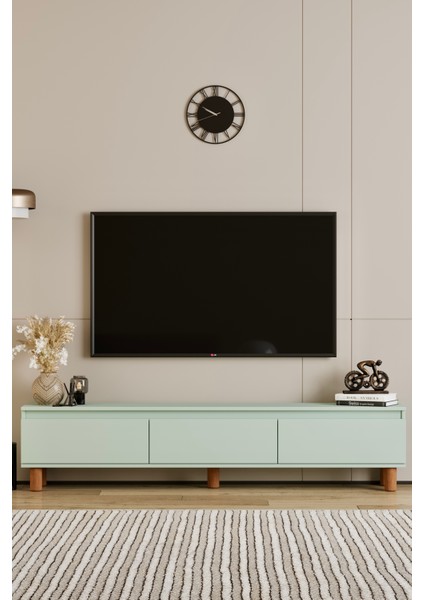Mila mint yeşili Mdf 180 cm Tv Ünitesi-Raflı,kapaklı,ayaklı