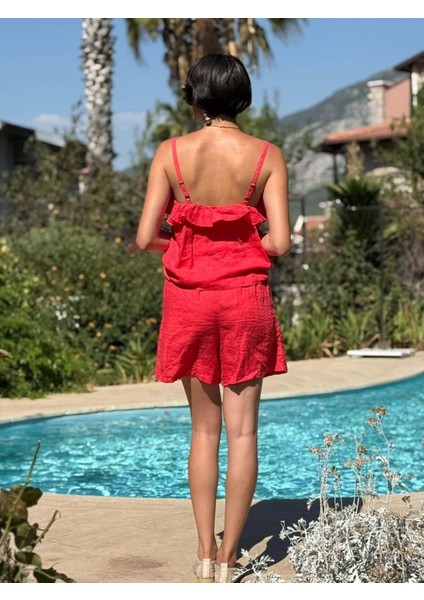 NC31621 Önü Fırfırlı Keten Italyan Şortlu Takım Mercan modelleri