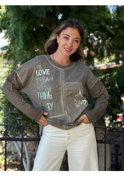 NC53761 Italyan Yazılı ve Taşlı Coton Sweatshirt Vizon modelleri