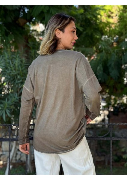 NC53761 Italyan Yazılı ve Taşlı Coton Sweatshirt Vizon